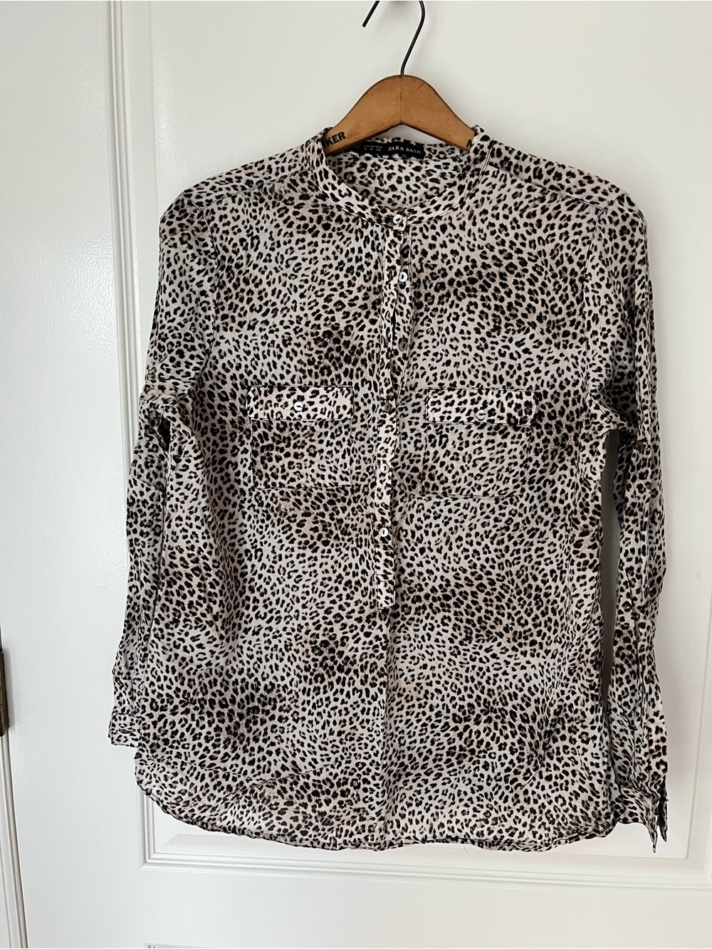 Zara Beige and Black Leopard-Print Button Down Shirt